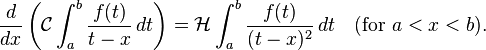 \frac{d}{dx} \left(\mathcal{C}\int_{a}^{b} \frac{f(t)}{t-x} \,dt\right)=\mathcal{H}\int_a^b \frac{f(t)}{(t-x)^2}\, dt \quad (\hbox{for } a<x<b).