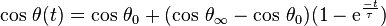 \cos\,{\theta(t)}= \cos\,{\theta_\text{0}}+ ({\cos\,{\theta_\infty}}-\cos\,{\theta_\text{0}})({1-\mathrm{e}^{\frac {-t}{\tau}}}) 