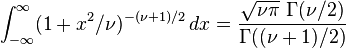 \int_{-\infty}^\infty (1 + x^2/\nu)^{-(\nu + 1)/2}\,dx = \frac { \sqrt{\nu \pi} \ \Gamma(\nu/2)} {\Gamma((\nu + 1)/2)}