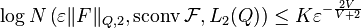 \log N \left (\varepsilon\|F\|_{Q,2}, \operatorname{sconv}\mathcal{F}, L_2(Q) \right ) \leq K \varepsilon^{-\frac{2V}{V + 2}}