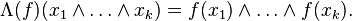 \Lambda(f)(x_1\wedge \dots \wedge x_k) = f(x_1)\wedge\dots\wedge f(x_k).