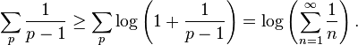 \sum_p \frac{1}{p - 1}\geq\sum_p \log\left(1+\frac{1}{p-1}\right) = \log \left( \sum_{n=1}^\infty \frac{1}{n}\right).