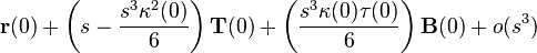 \mathbf r(0) + \left(s-\frac{s^3\kappa^2(0)}{6}\right)\mathbf T(0) + \left(\frac{s^3\kappa(0)\tau(0)}{6}\right)\mathbf B(0)+ o(s^3)