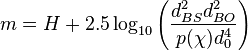 m = H + 2.5 \log_{10}{\left(\frac{d_{BS}^2 d_{BO}^2}{p(\chi) d_0^4}\right)}\!\,