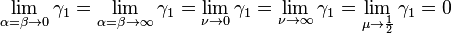 \lim_{\alpha = \beta \to 0} \gamma_1 = \lim_{\alpha = \beta \to \infty} \gamma_1 =\lim_{\nu \to 0} \gamma_1=\lim_{\nu \to \infty} \gamma_1=\lim_{\mu \to \frac{1}{2}} \gamma_1 = 0