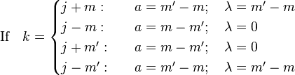 
\hbox{If}\quad k = 
\begin{cases}
        j+m:  &\quad a=m'-m;\quad \lambda=m'-m\\
        j-m:  &\quad a=m-m';\quad \lambda= 0 \\
        j+m': &\quad a=m-m';\quad \lambda= 0 \\
        j-m': &\quad a=m'-m;\quad \lambda=m'-m \\
\end{cases}
