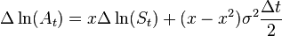 \Delta \ln(A_t)=x \Delta \ln(S_t)+(x-x^2)\sigma^2\frac{\Delta t}{2}