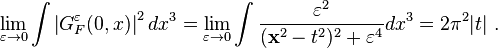  \lim_{\varepsilon \rightarrow 0}\int \left|G^\varepsilon_F(0,x)  \right|^2 dx^3  
=  \lim_{\varepsilon \rightarrow 0}\int \frac{\varepsilon^2}{ (\bold{x}^2-t^2)^2 +  \varepsilon^4 }  dx^3 
= 2 \pi^2 |t|   ~.
