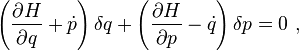 
\left(\frac{\partial H}{\partial q} + \dot{p}\right)\delta q + \left(\frac{\partial H}{\partial p} - \dot{q}\right)\delta p = 0 ~,
