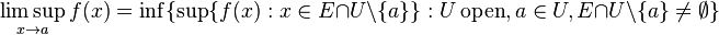 \limsup_{x\to a} f(x) = \inf \{ \sup \{ f(x) : x \in E \cap U\setminus\{a\} \} :  U\ \mathrm{open}, a \in U, E \cap U\setminus\{a\} \neq \emptyset  \}