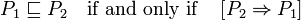 P_1 \sqsubseteq P_2 \quad\text{if and only if}\quad \left[ P_2 \Rightarrow P_1 \right]