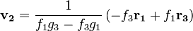 \mathbf{v_2} = \frac{1}{f_1g_3-f_3g_1}\left(-f_3\mathbf{r_1}+f_1\mathbf{r_3}\right)