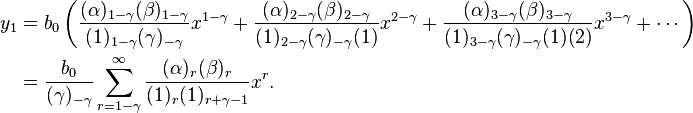 \begin{align}
 y_1 &= b_0 \left(\frac{(\alpha)_{1 - \gamma} (\beta)_{1 - \gamma}}{(1)_{1 - \gamma} (\gamma)_{-\gamma}} x^{1 - \gamma} + \frac{(\alpha)_{2 - \gamma} (\beta)_{2 - \gamma}}{(1)_{2 - \gamma} (\gamma)_{-\gamma}(1)} x^{2 - \gamma} + \frac{(\alpha)_{3 - \gamma} (\beta)_{3 - \gamma}}{(1)_{3 - \gamma} (\gamma)_{-\gamma}(1)(2)} x^{3 - \gamma} + \cdots \right) \\ 
&= \frac{b_0}{(\gamma)_{-\gamma}} \sum_{r = 1 - \gamma}^\infty \frac{(\alpha)_r (\beta)_r}{(1)_r (1)_{r + \gamma - 1}} x^r.
\end{align}