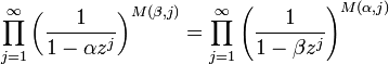 \prod_{j=1}^\infty\left({1 \over 1-\alpha z^j}\right)^{M(\beta,j)}=\prod_{j=1}^\infty\left({1 \over 1-\beta z^j}\right)^{M(\alpha,j)}