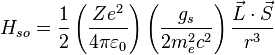 H_{so}=\frac{1}{2} \left(\frac{Ze^2}{4\pi \varepsilon_{0}}\right)\left(\frac{g_s}{2m_{e}^{2}c^{2}}\right)\frac{\vec L\cdot\vec S}{r^{3}}