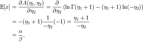 \begin{align}
\mathbb{E}[x] &= \frac{ \partial A(\eta_1,\eta_2) }{ \partial \eta_2 } = \frac{ \partial }{ \partial \eta_2 } \left(\ln \Gamma(\eta_1+1)-(\eta_1+1)\ln(-\eta_2)\right) \\
&= -(\eta_1+1)\frac{1}{-\eta_2}(-1) = \frac{\eta_1+1}{-\eta_2} \\
&= \frac{\alpha}{\beta},
\end{align}