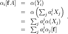 \begin{array} {rcl}
\alpha_i[\mathbf{f}A] & = & \alpha(Y_i) \\
& = & \alpha\left(\sum_j a^j_i X_j\right) \\
& = & \sum_j a^j_i \alpha(X_j) \\
& = & \sum_j  a^j_i \alpha_j[\mathbf{f}]
\end{array}.