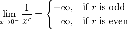 \lim_{x \to 0^-} \frac{1}{x^r} = \begin{cases} -\infty, & \text{if } r \text{ is odd} \\ +\infty, & \text{if } r \text{ is even}\end{cases} 