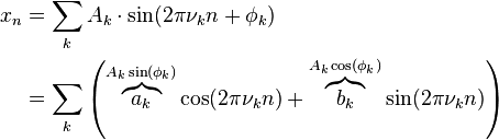 
\begin{align}
x_n &= \sum_k A_k\cdot \sin(2\pi \nu_k n + \phi_k)\\
&= \sum_k \left(\overbrace{a_k}^{A_k \sin(\phi_k)} \cos(2\pi \nu_k n) + \overbrace{b_k}^{A_k \cos(\phi_k)} \sin(2\pi \nu_k n)\right)
\end{align}
