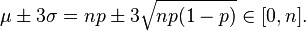 \mu \pm 3 \sigma = np \pm 3 \sqrt{np(1-p)} \in [0,n].