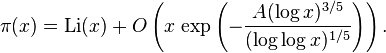 \pi(x)={\rm Li} (x) + O \left(x \, \exp \left( -\frac{A(\log x)^{3/5}}{(\log \log x)^{1/5}} \right) \right).