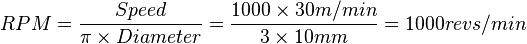 RPM = {Speed \over \pi \times Diameter} = { 1000 \times 30 m/min \over 3 \times 10 mm} = {1000 revs/min}