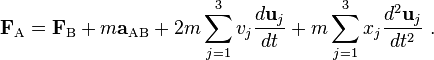 \mathbf{F}_\mathrm{A} = \mathbf{F}_\mathrm{B} + m\mathbf{a}_\mathrm{AB}+ 2m \sum_{j=1}^3 v_j \frac{d \mathbf{u}_j}{dt} + m \sum_{j=1}^3 x_j \frac{d^2 \mathbf{u}_j}{dt^2}\ . 