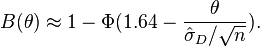 B(\theta)\approx 1-\Phi(1.64-\frac{\theta}{\hat{\sigma}_D/\sqrt{n}}).