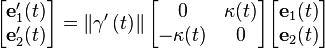  
\begin{bmatrix}
 \mathbf{e}_1'(t) \\
 \mathbf{e}_2'(t) \\
\end{bmatrix} 

=

\left\Vert \gamma'\left(t\right) \right\Vert

\begin{bmatrix}
         0  & \kappa(t) \\
 -\kappa(t) &         0 \\
\end{bmatrix} 

\begin{bmatrix}
\mathbf{e}_1(t) \\
\mathbf{e}_2(t) \\
\end{bmatrix} 
