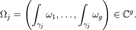 \Omega_j = \left(\int_{\gamma_j} \omega_1, \dots, \int_{\gamma_j} \omega_g\right) \in \mathbb{C}^g.