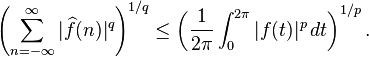 \left(\sum_{n=-\infty}^\infty |\widehat{f}(n)|^q\right)^{1/q}\leq
\left( \frac{1}{2\pi}\int_0^{2\pi}|f(t)|^p\,dt\right)^{1/p}.