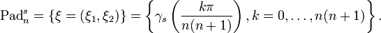 \text{Pad}_n^s=\lbrace\mathbf{\xi}=(\xi_1,\xi_2)\rbrace=\left\lbrace\gamma_s\left(\frac{k\pi}{n(n+1)}\right),k=0,\ldots,n(n+1)\right\rbrace.