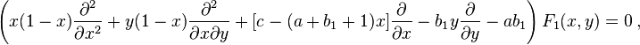 
\left( x(1-x) \frac {\partial^2} {\partial x^2} + y(1-x) \frac {\partial^2} 
{\partial x \partial y} + [c - (a+b_1+1) x] \frac {\partial} {\partial x} - b_1 y 
\frac {\partial} {\partial y} - a b_1 \right) F_1(x,y) = 0 ~,
