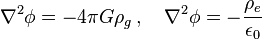 \nabla^2 \phi = - 4\pi G \rho_g \,, \quad \nabla^2 \phi = - {\rho_e \over \epsilon_0}