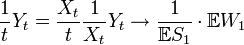 \frac{1}{t}Y_t = \frac{X_t}{t} \frac{1}{X_t} Y_t \to \frac{1}{\mathbb{E}S_1}\cdot\mathbb{E}W_1 