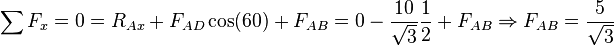 \sum F_x=0=R_{Ax}+F_{AD}\cos(60)+F_{AB}=0-\frac{10}{\sqrt{3} }\frac{1}{2}+F_{AB} \Rightarrow F_{AB}=\frac{5}{\sqrt{3}}