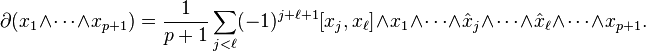 \partial (x_1\wedge\cdots\wedge x_{p+1}) = \frac{1}{p+1}\sum_{j<\ell}(-1)^{j+\ell+1}[x_j,x_\ell]\wedge x_1\wedge\cdots\wedge \hat{x}_j\wedge\cdots\wedge\hat{x}_\ell\wedge\cdots\wedge x_{p+1}.