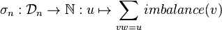 \sigma _{n}:{\mathcal {D}}_{n}\rightarrow \mathbb {N} :u\mapsto \sum _{vw=u}imbalance(v)