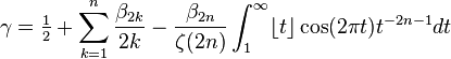 \gamma = \tfrac{1}{2} + \sum_{k=1}^{n} \frac{\beta_{2k}}{2k} - \frac{\beta_{2n}}{\zeta(2n)}\int_1^{\infty} \lfloor t \rfloor \cos(2\pi t) t^{-2n-1} dt