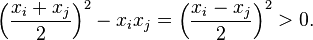 \Bigl(\frac{x_i+x_j}{2}\Bigr)^2-x_ix_j=\Bigl(\frac{x_i-x_j}{2}\Bigr)^2>0 .