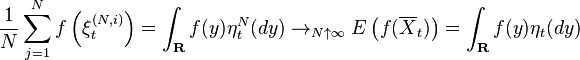 \frac{1}{N}\sum_{j=1}^N f\left(\xi^{(N,i)}_t\right)=\int_{\mathbf{R}} f(y) \eta^N_t(dy)\to_{N\uparrow\infty} E\left(f(\overline{X}_t)\right)=\int_{\mathbf{R}} f(y) \eta_t(dy)