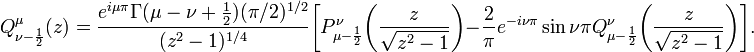 
Q_{\nu-\frac12}^\mu(z)=\frac{e^{i\mu\pi}\Gamma(\mu-\nu+\frac12)(\pi/2)^{1/2}}{(z^2-1)^{1/4}}\biggl[
P_{\mu-\frac12}^\nu\biggl(\frac{z}{\sqrt{z^2-1}}\biggr)-\frac{2}{\pi}e^{-i\nu\pi}\sin\nu\pi Q_{\mu-\frac12}^\nu\biggl(\frac{z}{\sqrt{z^2-1}}\biggr)\biggr].
