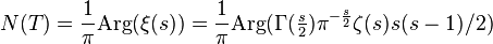 N(T)=\frac{1}{\pi}\mathop{\mathrm{Arg}}(\xi(s)) = \frac{1}{\pi}\mathop{\mathrm{Arg}}(\Gamma(\tfrac{s}{2})\pi^{-\frac{s}{2}}\zeta(s)s(s-1)/2)