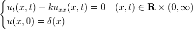 \begin{cases}
u_t(x,t) - k u_{xx}(x,t) = 0& (x, t) \in \mathbf{R} \times (0, \infty)\\
u(x,0)=\delta(x)&
\end{cases}