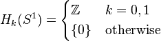 H_k(S^1) = \begin{cases} \mathbb Z & k=0, 1 \\ \{0\} & \text{otherwise} \end{cases}