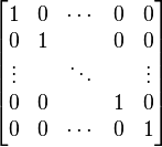 \begin{bmatrix}

1 & 0 & \cdots & 0 & 0 \\
0 & 1 &        & 0 & 0 \\
\vdots & & \ddots & & \vdots \\
0 & 0 & & 1 & 0 \\
0 & 0 & \cdots & 0 & 1

\end{bmatrix}