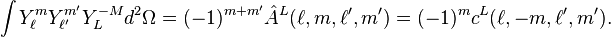 
\int Y_\ell^m Y_{\ell'}^{m'} Y_{L}^{-M} d^2\Omega = (-1)^{m+m'}\hat{A}^{L}(\ell,m,\ell',m') = (-1)^{m}c^L(\ell,-m,\ell',m').
