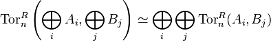 \mathrm{Tor}_n^R \left (\bigoplus_i A_i, \bigoplus_j B_j \right) \simeq \bigoplus_i \bigoplus_j \mathrm{Tor}_n^R(A_i,B_j)