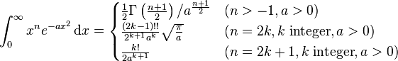 \int_{0}^{\infty} x^{n} e^{-ax^2}\,\mathrm{d}x = 
\begin{cases}
       \frac{1}{2}\Gamma \left(\frac{n+1}{2}\right)/a^{\frac{n+1}{2}} & (n>-1,a>0) \\
       \frac{(2k-1)!!}{2^{k+1}a^k}\sqrt{\frac{\pi}{a}} & (n=2k, k \;\text{integer}, a>0) \\
       \frac{k!}{2a^{k+1}} & (n=2k+1,k \;\text{integer}, a>0)
\end{cases} 