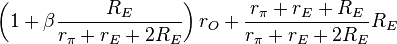  \left(1 + \beta \frac{R_E}{r_\pi + r_E + 2R_E} \right) r_O + \frac{r_\pi + r_E + R_E}{r_\pi + r_E + 2R_E} R_E